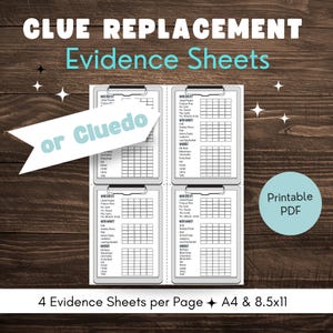 Afdrukbare vervangingsvellen | Cluedo-vervangingsvellen | Gamesheets direct downloaden | Clue-gameaccessoires | Informatiebladen met aanwijzingen