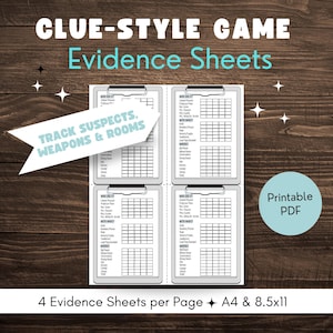Printable Clue-style Replacement Sheets, Instant Download Game Sheets, Clue-style Evidence Sheets, Murder Mystery Game Tracker