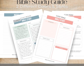 Puede incluir: Una guía de estudio bíblico SOAP imprimible con dos esquemas de color y estilos distintos. Los documentos incluyen secciones para Escritura, Observación, Aplicación y Oración, con encabezados claros y espacios rayados para notas en formato A4.