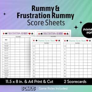 Foglio punteggi Rummy, Foglio punteggi Rummy Frustration, Foglio punteggi stampabile, Download istantaneo Rummy, Regole del gioco Rummy, Regole del Rummy Frustration