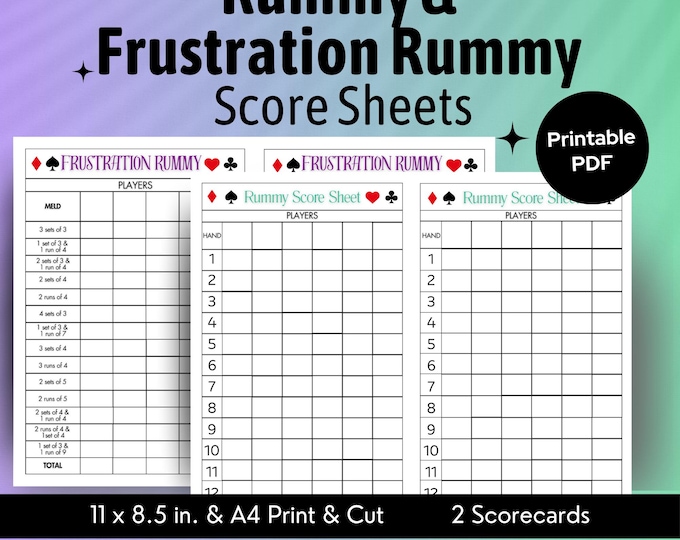 Rummy Score Sheet, Frustration Rummy Score Sheet, Printable Score Sheet ...