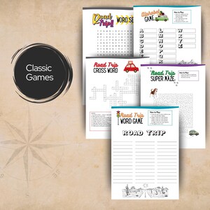 May include: A collection of five printable activity sheets for road trips, featuring a word search, alphabet game, crossword puzzle, super maze, and word game. Each page includes instructions, themed graphics like cars and a dog, and blank spaces for writing.