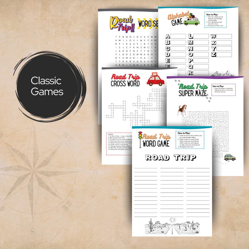 May include: A collection of five printable activity sheets for road trips, featuring a word search, alphabet game, crossword puzzle, super maze, and word game. Each page includes instructions, themed graphics like cars and a dog, and blank spaces for writing.