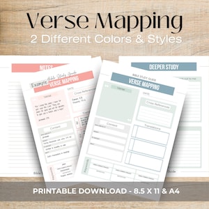 Könnte beinhalten: Zwei druckbare Bibelstudien-Leitfäden für das Vers-Mapping mit Abschnitten für Verse, Querverweise, Kontext, Übersetzungen und Schlüsselwörter. Ein Blatt hat rosa Akzente, das andere blaue. Der Text umfasst Verse Mapping, 2 Different Colors & Styles und Printable Download - 8.5 x 11 & A4.