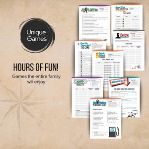 May include: A collection of printable road trip game sheets featuring titles like Unusual Sightings, Road Trip Snack Superlatives, Mystery Passenger, Are We There Yet, Snack Attack Tracker, Radio Roulette, Billboard Ad Libs, and Gas Station Scavenger Hunt.