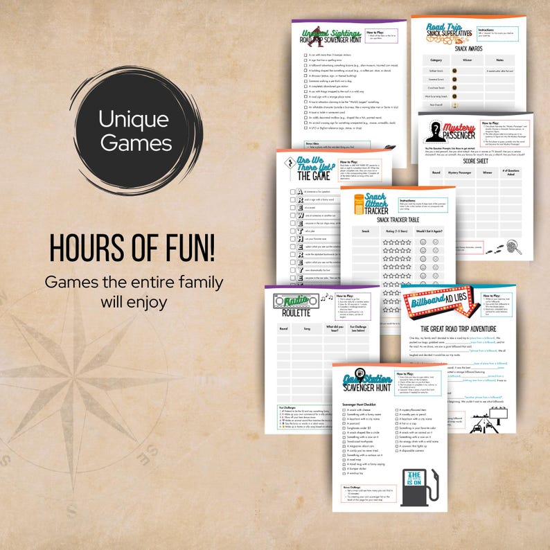 May include: A collection of printable road trip game sheets featuring titles like Unusual Sightings, Road Trip Snack Superlatives, Mystery Passenger, Are We There Yet, Snack Attack Tracker, Radio Roulette, Billboard Ad Libs, and Gas Station Scavenger Hunt.