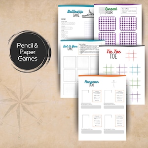 May include: A collection of printable game sheets including Battleship, Connect Four, Dot and Box, Tic Tac Toe, and Hangman. Each sheet features instructions and grids for gameplay. A black circular graphic with the text Pencil & Paper Games is visible.