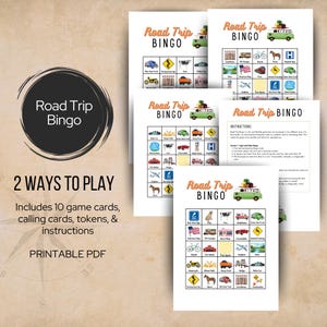 May include: A set of printable Road Trip Bingo game cards featuring a green van illustration at the top. The cards include a grid of various travel-themed icons like a bicycle, horse, and American flag, along with a page of written instructions.