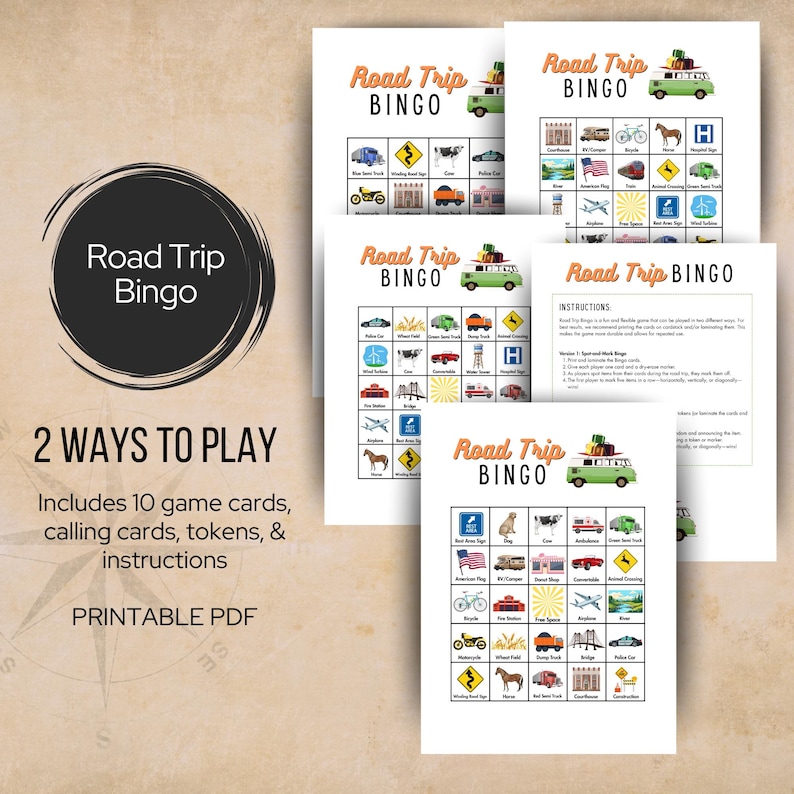 May include: A set of printable Road Trip Bingo game cards featuring a green van illustration at the top. The cards include a grid of various travel-themed icons like a bicycle, horse, and American flag, along with a page of written instructions.