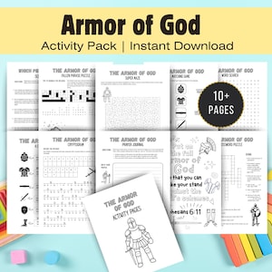 Könnte beinhalten: Eine Sammlung von schwarz-weißen Aktivitätsseiten mit dem Titel "Armor of God". Die Seiten enthalten Rätsel, Labyrinthe, Wortsuchspiele und ein Gebetstagebuch. Die Titelseite zeigt eine Ritterillustration und den Text "Armor of God Activity Pages."