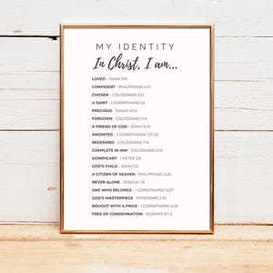 May include: A framed print with gold trim featuring the text "MY IDENTITY In Christ, I am..." followed by a list of affirmations and corresponding Bible verses. The background is a soft cream color, and the text is in a simple, elegant font.