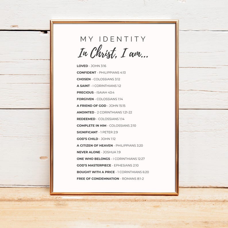 May include: A framed print with gold trim featuring the text "MY IDENTITY In Christ, I am..." followed by a list of affirmations and corresponding Bible verses. The background is a soft cream color, and the text is in a simple, elegant font.