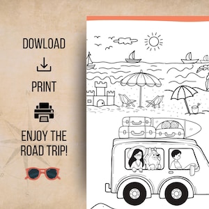 May include: A black and white coloring page featuring a beach scene with a sandcastle, umbrellas, and sailboats under a sun. Below, a car carries luggage and a surfboard, with two people and a dog inside. Text reads: DOWLOAD, PRINT, ENJOY THE ROAD TRIP!