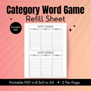 Category Word Game Printable, Game Refill Sheet, Replacement Score Sheet, Printable Score Sheets, Family Game Night, Party Games
