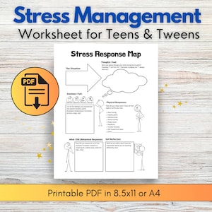 Puede incluir: Una hoja de trabajo PDF imprimible para la gestión del estrés, diseñada para adolescentes y preadolescentes. La hoja de trabajo incluye secciones para identificar pensamientos, emociones y respuestas físicas al estrés, con espacio para la autorreflexión. Disponible en 8.5x11 o A4.
