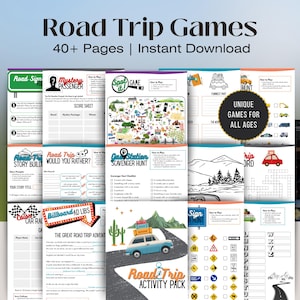 Printable road trip games for all ages. The pack includes games like "Road Sign Hunt", "Mystery Passenger", "Would You Rather", "Billboard Ad Libs", and "Car Station Scavenger Hunt".