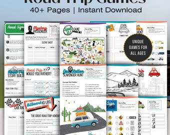 May include: A collection of printable road trip activity sheets featuring games like scavenger hunts, word searches, and story builders. The pages include colorful illustrations of cars, road signs, and landscapes with text titles such as Road Trip Games, Mystery Passenger, and Road Trip Activity Pack.