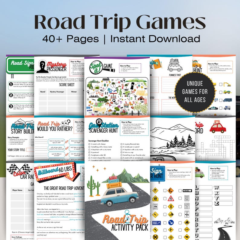 Printable road trip games for all ages. The pack includes games like "Road Sign Hunt", "Mystery Passenger", "Would You Rather", "Billboard Ad Libs", and "Car Station Scavenger Hunt".