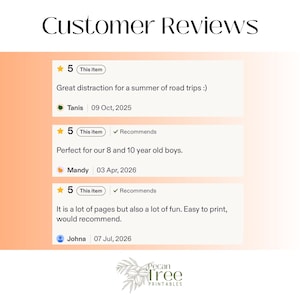 May include: A graphic display titled Customer Reviews featuring three five-star ratings with comments from Tanis, Mandy, and Johna. The text includes dates and recommendation checkmarks. At the bottom, a logo reads Pecan Tree Printables.
