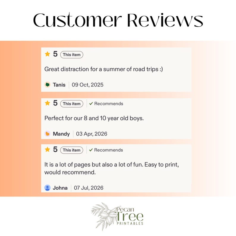 May include: A graphic display titled Customer Reviews featuring three five-star ratings with comments from Tanis, Mandy, and Johna. The text includes dates and recommendation checkmarks. At the bottom, a logo reads Pecan Tree Printables.