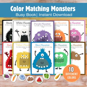 Libro imprimible de actividades para niños pequeños con monstruos para clasificar colores, actividades de colores para niños pequeños, juegos de carpetas para preescolar, juego de combinación de colores, libro tranquilo