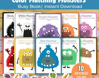 Printable Monster Color Sorting Busy Book for Toddlers, Toddler Color Activity, Preschool File Folder Games, Color Matching Game, Quiet Book