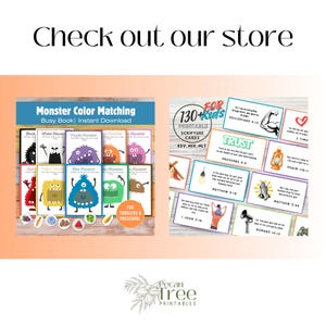 May include: A digital display showing two printable sets: a Monster Color Matching busy book with colorful monster illustrations and food icons, and a collection of 130+ scripture cards for kids featuring various religious verses and graphics.
