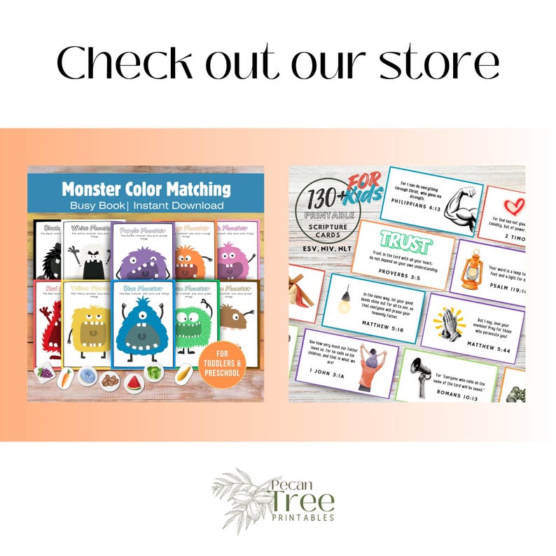 May include: A digital display showing two printable sets: a Monster Color Matching busy book with colorful monster illustrations and food icons, and a collection of 130+ scripture cards for kids featuring various religious verses and graphics.