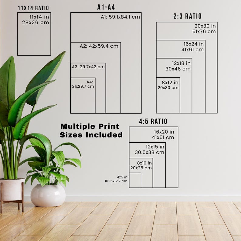 May include: A wall display showcasing print size options, including 11x14 inches, A1-A4, 2:3 ratio, and 4:5 ratio. Each size is labeled with its dimensions in inches and centimeters. The text "Multiple Print Sizes Included" is also present.
