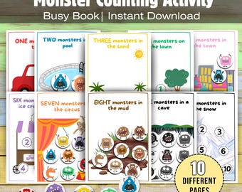 Counting Activity Printable Quiet Book Preschool Learning Materials for Toddlers Activities PDF Download Monsters Games Montessori PreK