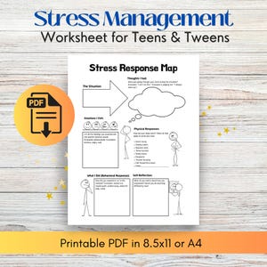 Könnte beinhalten: Ein druckbares Stressmanagement-Arbeitsblatt für Teenager und Tweens mit einer Stressreaktionskarte. Das Dokument enthält Abschnitte für die Situation, Gedanken, Gefühle, körperliche Reaktionen, Verhaltensweisen und Selbstreflexion.