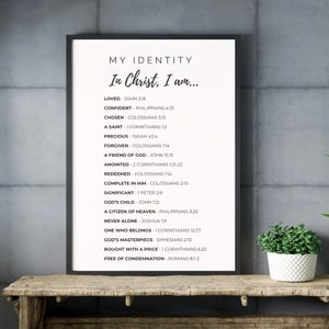 May include: A framed print with the text "MY IDENTITY In Christ, I am..." followed by a list of affirmations and corresponding Bible verses. The print is in black and white and is displayed on a wooden surface.