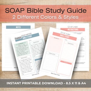 Könnte beinhalten: Ein druckbarer SOAP-Bibelstudienführer in zwei Farben. Der Leitfaden enthält Abschnitte für Schrift, Beobachtung, Anwendung und Gebet. Der Text "SOAP Bible Study Guide" und "Sofortiger druckbarer Download - 21,6 x 27,9 cm & A4" sind sichtbar.