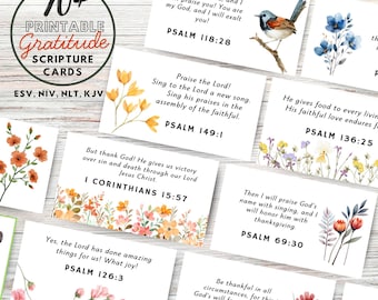 Afdrukbare bijbeltekstkaarten voor dankbaarheid | Bloemen aquarel tekstkaarten | Christelijke dankbaarheidsverzen | NIV, ESV, NLT