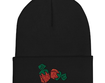 ストロベリー ハード キャンディ 刺繍入りカフ付きビーニー | ハヌカ ギフト | ユダヤ教ギフト | コーシャ食品
