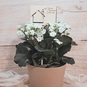 Blumenstecker mit Gutscheinkarte kombiniert "Viel Glück im neuen Zuhause - Haus"