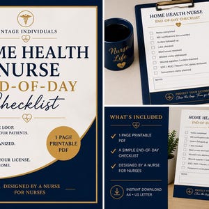 Puede incluir: Un documento imprimible de lista de verificación de fin de día para enfermería de atención domiciliaria con texto azul marino y dorado sobre fondo crema. El diseño incluye un icono de caduceo, corazones y tareas de atención.