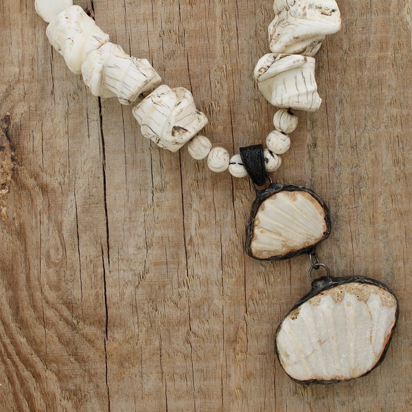 Fossil Necklace- Pectenid fossils collected from the coastline of Portugal with vintage Naga Conch Shell beads from the Himalayas
