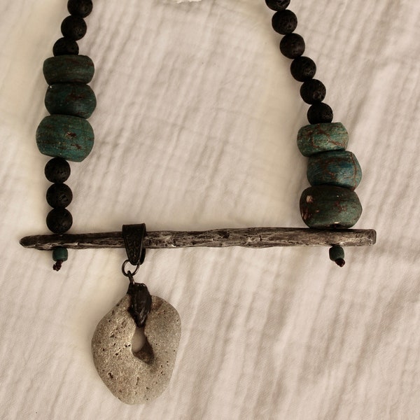 Necklace -Pewter pendant hand cast from a coastal branch with a found Portuguese beach stone, vintage Hebron beads and black lava beads