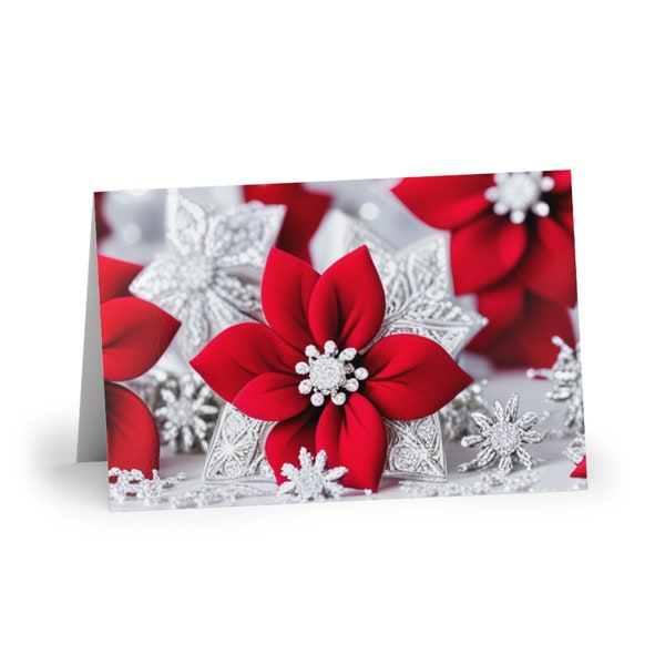 Pack of 10 Blank Christmas Cards, Red Flower Xmas Card, Red Poinsettias Christmas Cards, Red Season's Greetings Card, Silver Holiday Cards