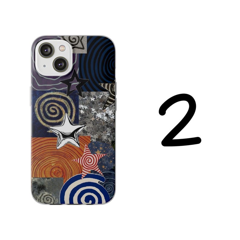 May include: A phone case with a colorful collage design. The case features a mix of geometric shapes, stars, and swirls in shades of blue, orange, silver, and black. The number "2" is in black on a white background.
