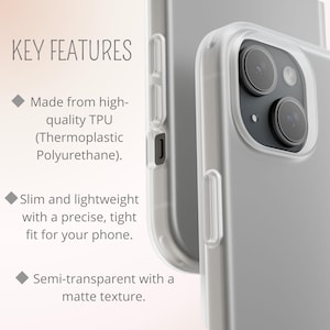 May include: Clear phone case made of TPU (Thermoplastic Polyurethane). The case is slim, lightweight, and has a precise fit. It is semi-transparent with a matte texture. The text "KEY FEATURES" is visible.