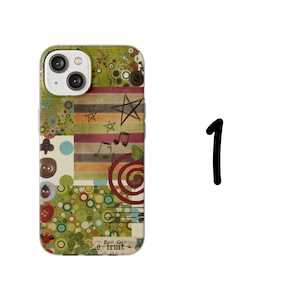 May include: A decorative phone case with a colorful collage design. The case features a mix of patterns, including circles, stripes, and musical notes, with a star and button accents. The case has a green, red, and brown color scheme.