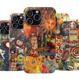 May include: A collection of colorful phone cases with collage designs. Each case features a unique mix of images, including a sun, fruit, insects, and other whimsical elements. The cases are designed to fit various phone models.