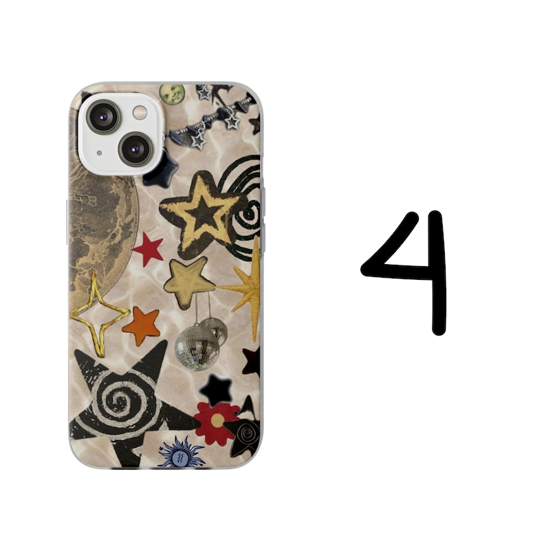 May include: A phone case with a collage design featuring stars, planets, and disco balls in various colors. The case has a beige background and a black number 4 is on the right side.