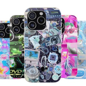 May include: Five phone cases with unique designs. One case features a collage of retro tech items like a camera and a laptop. Other cases have floral, DVD, and abstract designs. The cases have a glossy finish.