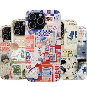 May include: A collection of phone cases with colorful, collage-style designs. Each case features a unique mix of illustrations, text, and patterns, including fish, bunnies, and Japanese text. The cases are designed to fit a smartphone.