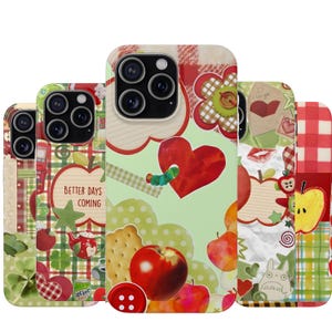 May include: Several phone cases with a collage design. The cases feature hearts, apples, flowers, and the text "Better Days Coming." The colour scheme includes red, green, and white. The designs have a scrapbook aesthetic.
