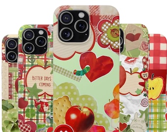 May include: A collection of phone cases with a collage design. The cases feature a variety of elements, including hearts, apples, flowers, and the text "Better Days Coming." The color palette includes red, green, and white.