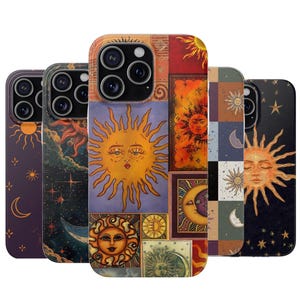 Fundas flexibles con diseño retro de hippies y sol, funda con diseño grunge para iPhone 16, funda de astrología, diseño de estrellas y sol, Samsung 25Plus